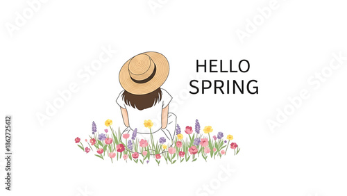A person with dark hair and a straw hat sits in a field of colorful spring flowers, the words "Hello Spring" are written