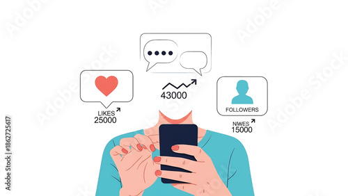 A person with blue shirt holds a phone, social media icons with numbers of likes, followers and chat symbols appear around the head