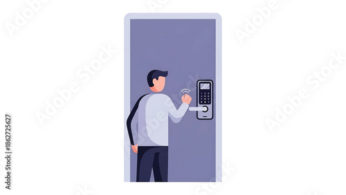 A person with dark hair and a light-colored top is using a smart lock to open a door. The device has a keypad