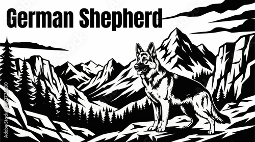 German Shepherd stands alert in a rugged mountain landscape, vector in black and white to emphasize strength, loyalty, texture, and dramatic natural contrast
