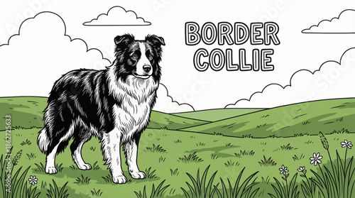 Border Collie stands focused in wide grasslands, black and white style highlighting intelligence, agility, eye contact, and working-dog instincts within open space