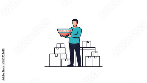 A person with dark hair and blue shirt holds a decorative bowl with geometric designs. Cardboard boxes are stacked around the person