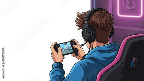 A person with brown hair, wearing headphones and a blue hoodie, is absorbed in playing a game on a handheld device. They are seated in a black and pink chair