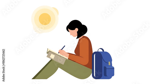 A person, with short black hair and wearing an orange top and green pants, sits cross-legged. They write in a book, with a blue backpack nearby. A sun shines