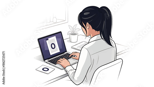 A person with dark hair in a ponytail types on a laptop. A paper with the letter "O" sits on the screen and another on the desk. A small plant and some items sit on a window sill behind the person
