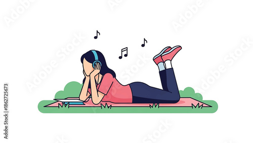 A person with headphones is lying on a picnic blanket, listening to music.  Musical notes float in the air. The person rests