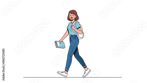 A person with short hair, carrying a book and backpack, walks in profile view. They wear jeans, a t-shirt, and sneakers. The background is white