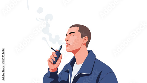 A person with short hair exhales vapor from an electronic device. The figure is wearing a blue jacket, their eyes closed, and their skin tone rendered with warm hues