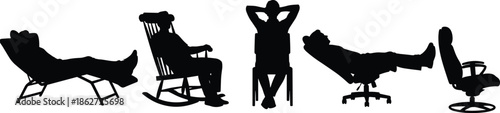 People relaxing in various chairs and recliners silhouette illustration, comfort and rest concept showing different seating positions and relaxation styles