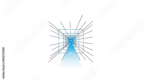A perspective illustration shows a tunnel with vanishing lines leading towards a bright, blue light. The path fades as it extends