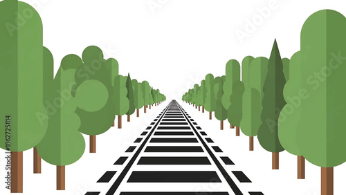 A perspective illustration shows parallel train tracks stretching into the distance with rows of green trees lining both sides