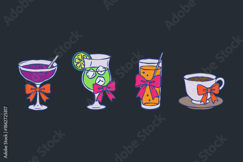 Set of coquette drinks and cocktails sticker print. Vector hand drawn cute glasses with ribbon and bow in colorful and doodle style illustration. party and wedding invitations