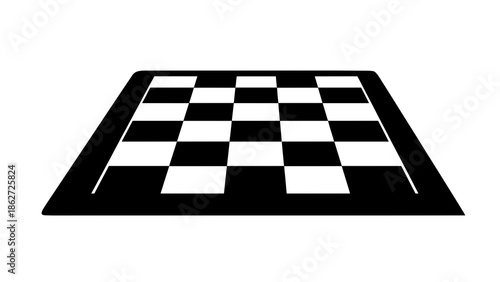 A perspective view of a chessboard in monochrome. It is a graphic illustration of a board with squares of black and white