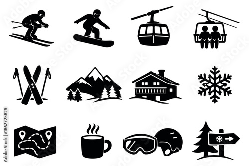 Glyph style winter sports icon set featuring ski and snowboard activities, mountain elements, and related equipment for seasonal outdoor recreation