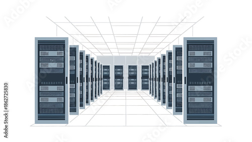 A perspective view of a data center corridor lined with servers, with overhead lighting and tiled flooring. Dark blue doors and panels