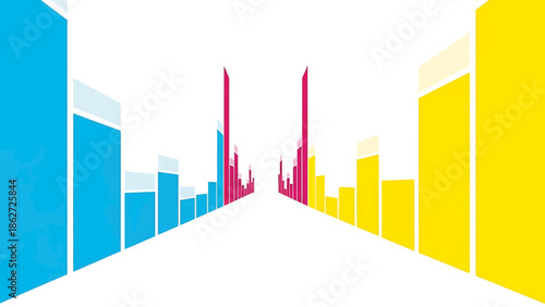 A perspective view of colorful rectangular shapes receding into the distance, with blue, pink, and yellow elements. White background