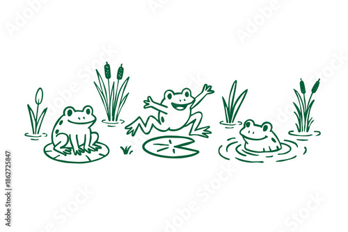 Frogs in reeds illustration in retro doodle linear style. Vector hand drawn Frogs, reeds, lily pads, pond elements playful nature scene in trendy retro design illustration