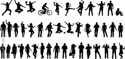 People silhouette vector, jumping, dancing, cycling, posing, black figures, human activity, body movement, celebration, lifestyle clipart, stock illustration