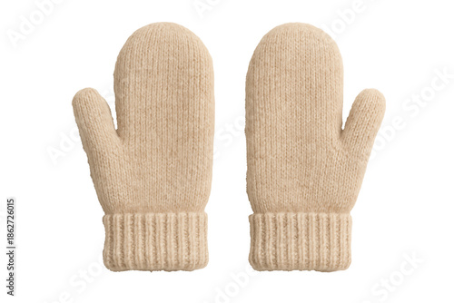 Pair of warm beige knitted woolen mittens for winter season protection and hand comfort during cold weather activities or outdoor holiday travel isolated on transparent background