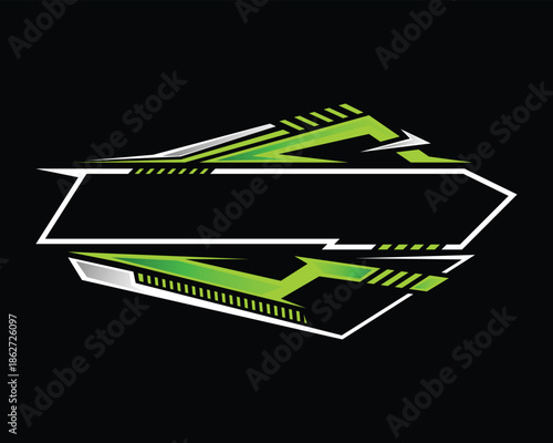Abstract style racing logo design in neon green and white on a black background