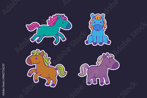 Cute colorful horse kids sticker print set collection, hand drawn childish cartoon naive pony illustration. doodle art style scribble funny animal, kindergarten holiday playful deco
