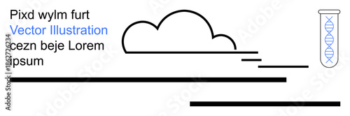 Science, biotechnology, data storage, cloud computing, genetics, molecular research. Abstract cloud, DNA helix and text lines. Science and biotechnology visualization concept