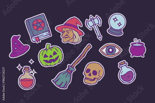 Colorful witchcraft magic doodle sticker set hand drawn vintage style, witch hat, potion, skull, spell book, broom, pumpkin, and cauldron illustration perfect for Halloween and fantasy design