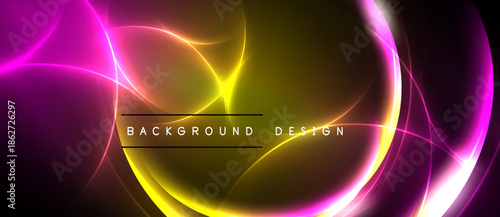 Abstract design features vibrant curves, glowing lines. Yellow center radiates outward with pink, white highlights against dark backdrop. Modern, dynamic composition.