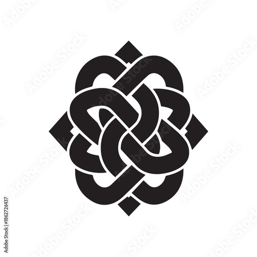 Intricate geometric knot medallion in black, symmetrical interlocking loop design for logo or textile pattern, vector illustration.