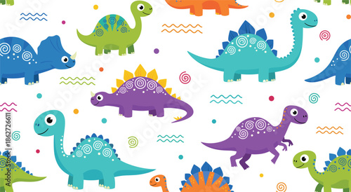 Cute Colorful Dinosaur Seamless Pattern with Cartoon Prehistoric Animals in Playful Flat Vector Illustration Style