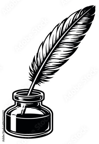 Line art illustration of a quill pen in an inkwell depicting a vintage writing instrument for education and literature