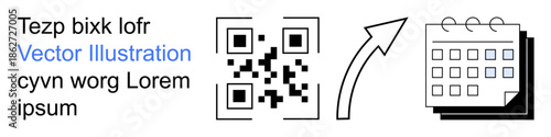 Technology, productivity, scheduling, event planning, workflow, QR functionality. QR code with arrow pointing to a calendar icon. Technology and productivity conceptual