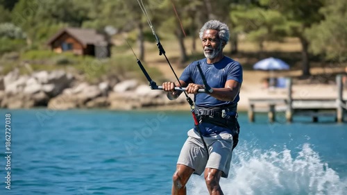 Active senior man kitesurfing on lake. Experienced 60s African American enjoys water sport. Summer fun, healthy lifestyle, retirement. Beautiful scenery and blue water. Freedom and adventure.