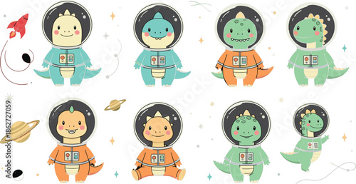 Cute Dinosaur Astronaut Characters Set with Space Suits Planets and Stars in Kawaii Flat Vector Illustration Style