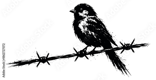 Grungy ink splash style illustration of a bird depicting it perched on barbed wire for protest and freedom concepts