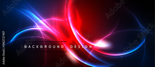 Abstract neon lights create dynamic curves, vibrant colors. Background features flowing energy, modern design elements.