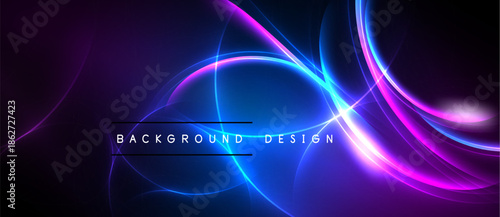 Abstract neon lights create dynamic curves, vibrant colors. Dark background emphasizes glowing lines, modern design element.
