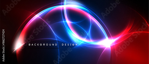 Abstract vibrant lines create dynamic energy. Red, blue, pink hues blend, forming flowing shapes against dark backdrop. Modern design element.