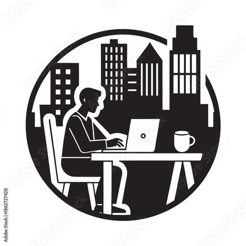 City Coffee Break Remote Worker Silhouette