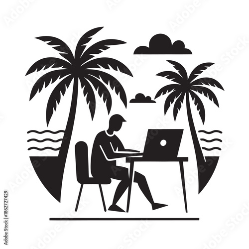Beachside Remote Work Laptop Silhouette Scene