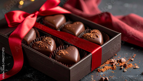 Box of Luxury Heart Shaped Dark Chocolate Truffles with Red Ribbon