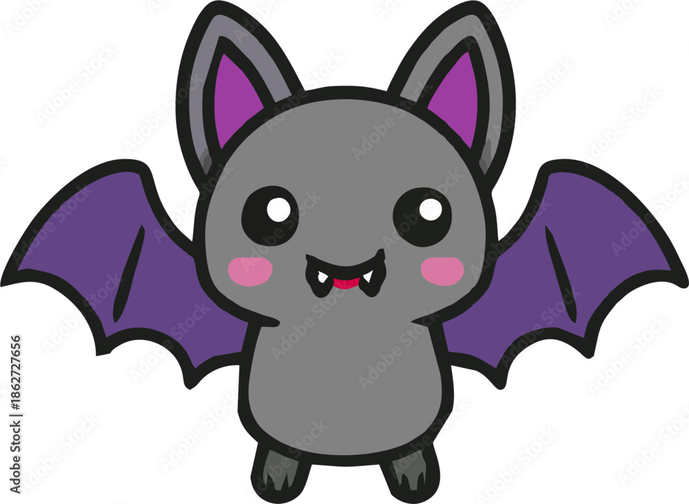 Fototapeta premium Cute kawaii vampire bat character with purple wings for kids halloween