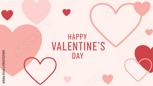 A light pink background with various red and pink hearts, some filled and some outlined, celebrating Happy Valentine's Day.