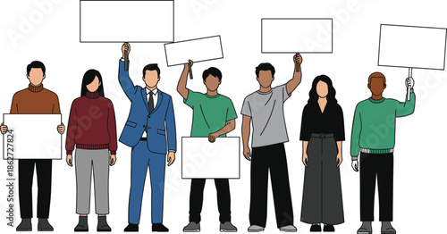 Protest silhouette illustration, faceless people holding signs, activism vector design, minimal black figure art, public demonstration concept, stock asset