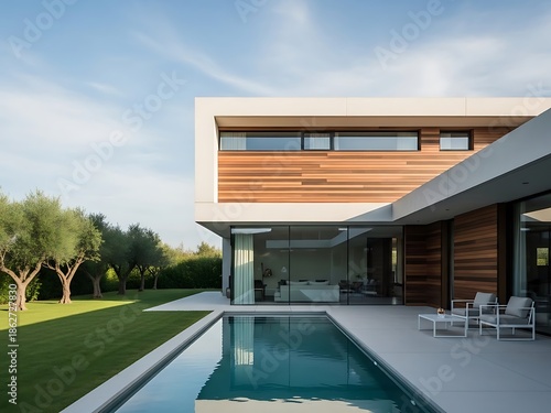Stylish home with minimalist design and luxurious swimming pool, outdoors