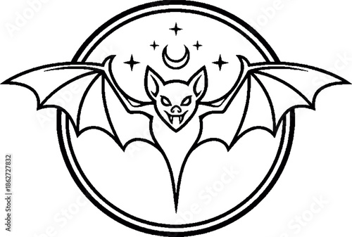 Mystical Vampire Bat Line Art Emblem with Moon and Stars