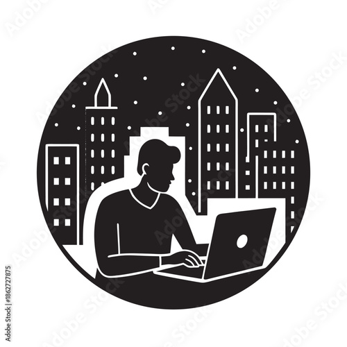 Night City Remote Work Desk Silhouette