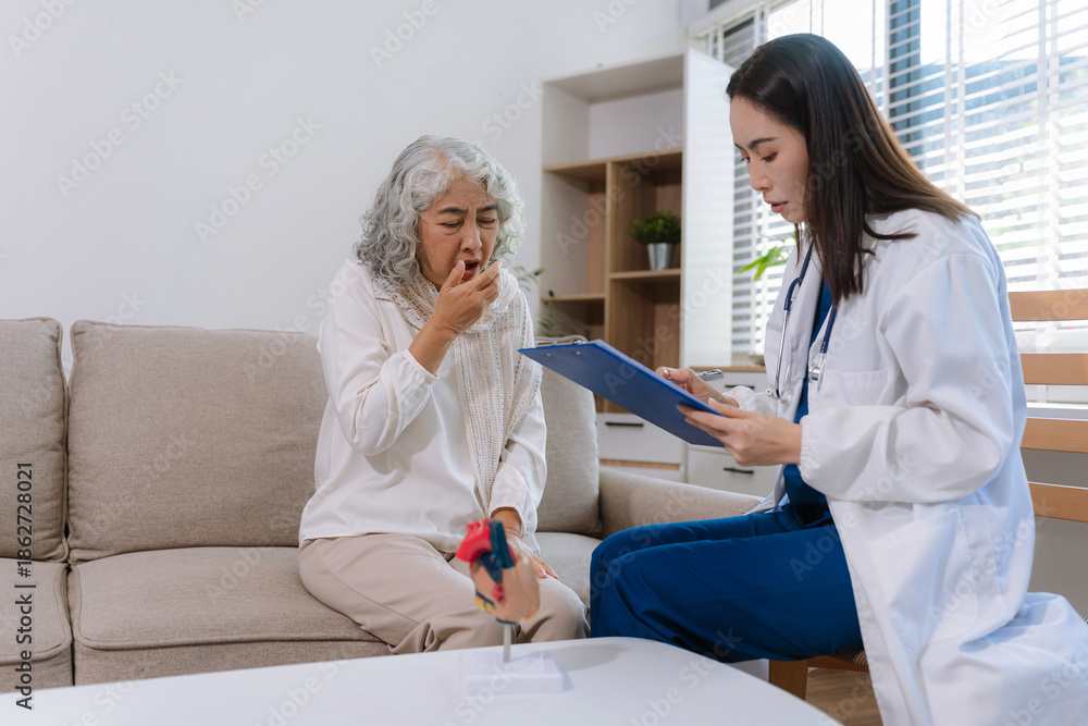 Fototapeta premium Concerned senior old patient, patient talks with healthcare professional.