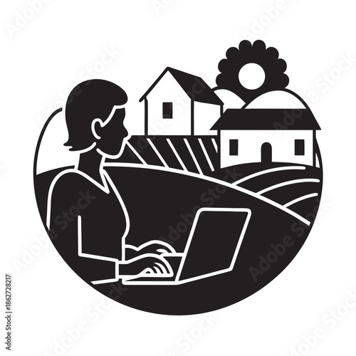 Village Sunset Laptop Work Silhouette