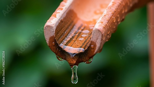 Tranquil terracotta fountain dripping water, a minimalist nature moment